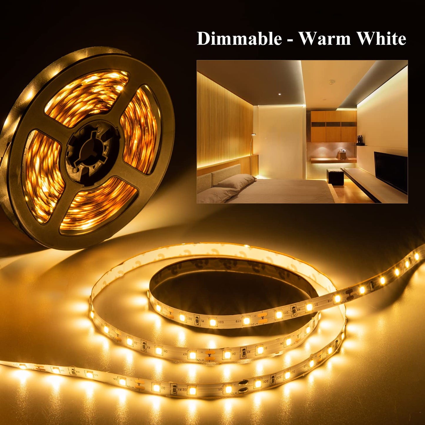 JUNWEN 40ft Warm White Led Strip Lights, Flexible 3000k Dimmable Super Bright 12V led Light Strip in Indoor Cuttable for Bedroom, Christmas, Kitchen, Cabinet,Mirror, Not Waterproof, 2 Rolls of 20ft