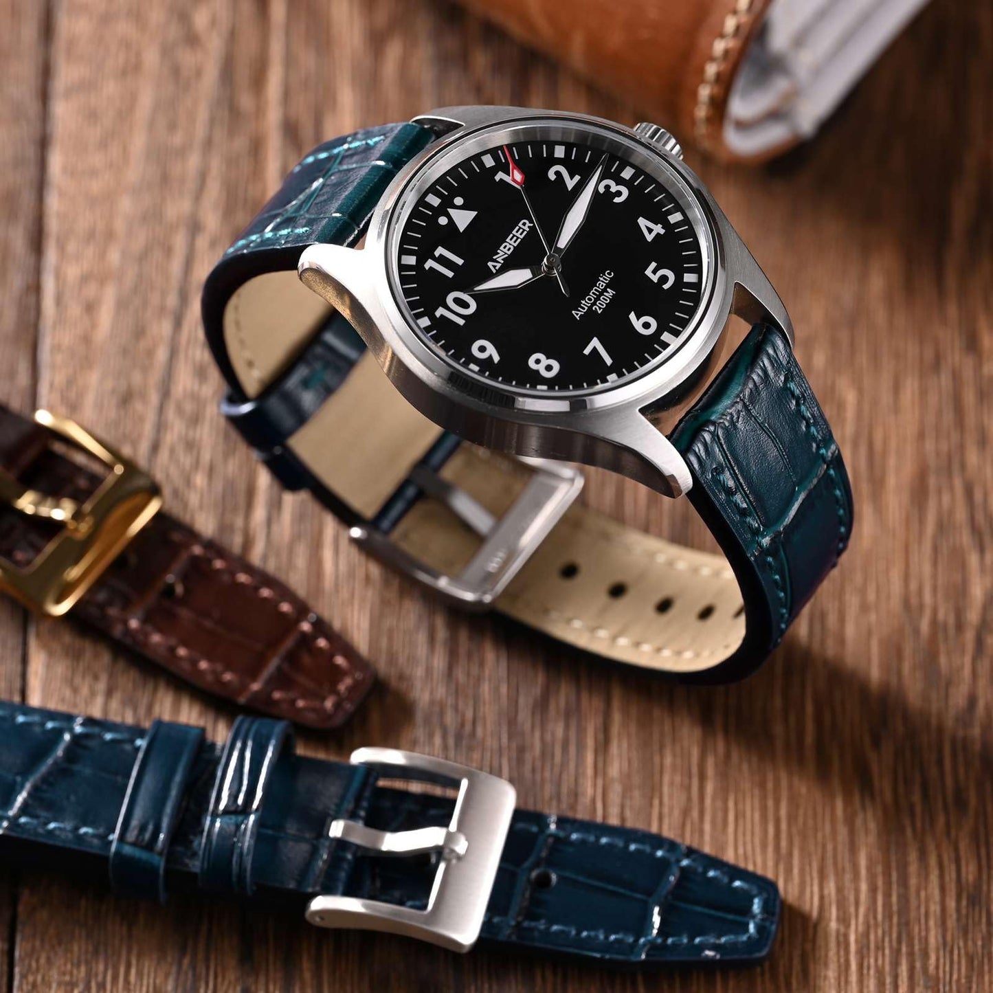 ANBEER 18mm Italian Alligator Grain Embossed Pattern Leather Watch Strap,Quick Release Calfskin Replacement Watch Band for Men Women,Dark Blue with Gold Buckle