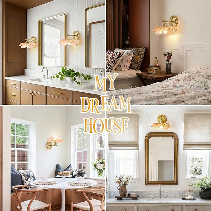 Gold Bathroom Vanity Lights Over Mirror Vintage Wall Sconces Light Wall lamp with Amber Glass Flower Shade mid Century Modern Vanity Light Bathroom Wall Sconces for Bedroom Hallway Living Room