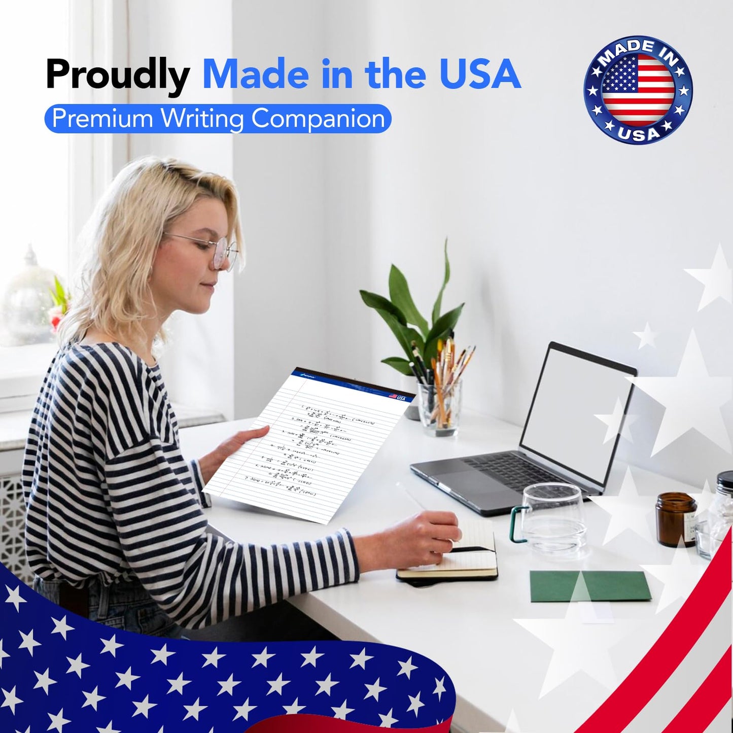 6 Pack Legal Note Pads Wide Ruled 8.5" x 11" Writing Pads (50 Sheets/Pad) White Recycled Paper Micro-Perforated Notepad Hard Back Notepads for Office & School Supplies - Made in USA