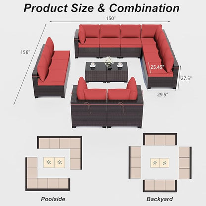 ALAULM 14 Pieces Outdoor Patio Furniture Set Sectional Sofa Sets Brown PE Rattan Patio Conversation Set w/12 Red Seat Cushions and 2 Coffee Tables