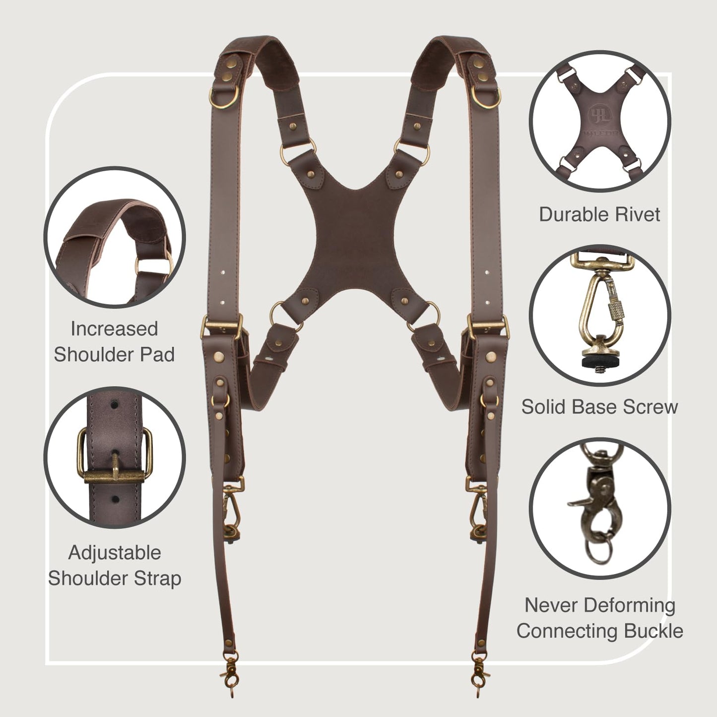 4J LEDR Camera Harness for 2 Cameras,Dual Shoulder Leather Camera Strap for DSLR/SLR,Full Grain Leather Harness,Multi Double Camera Gear Strap,Double Camera Harness for Photographers,Brown