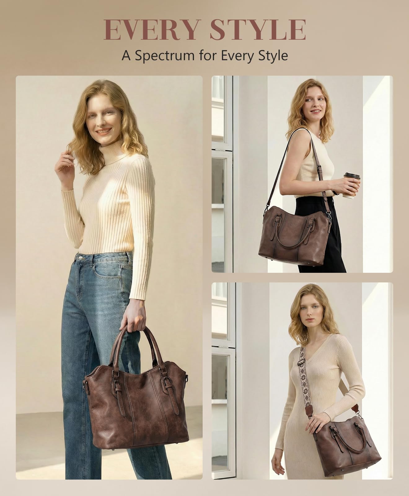 VASCHY Hobo Bags for Women, Vegan Leather Top Handle Satchel Shoulder Purse Handbag Purse with Crossbody Guitar Strap Coffee