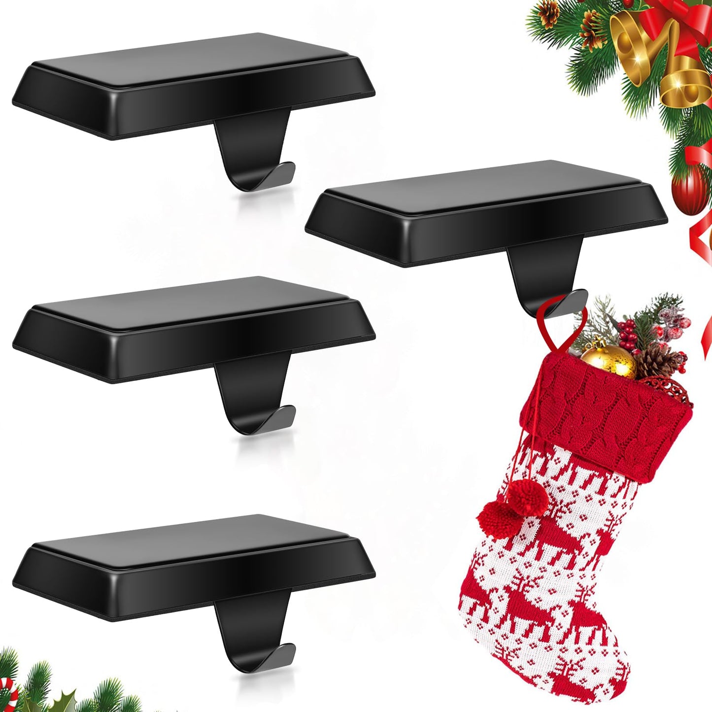 ToiULik Set of 4 Metal Christmas Stocking Holders for Mantle Heavy Duty Stocking Hangers Stocking Hook Christmas Ornaments for Counter Tables Window Fireplace Mantle Decoration(Black)