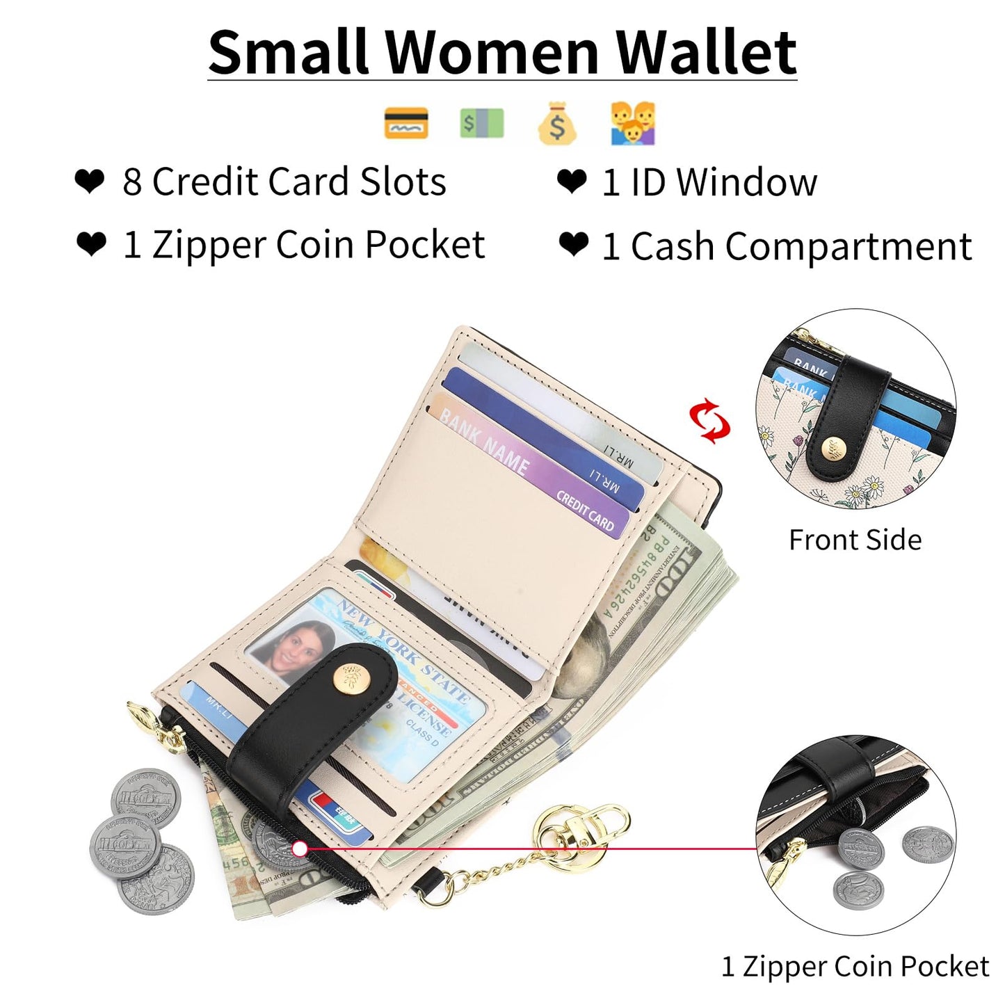GAEKEAO Small Wallet for Women RFID Blocking Bifold Card Holder Vegan Leather with Zipper Coin Pocket, ID Window, Keychain