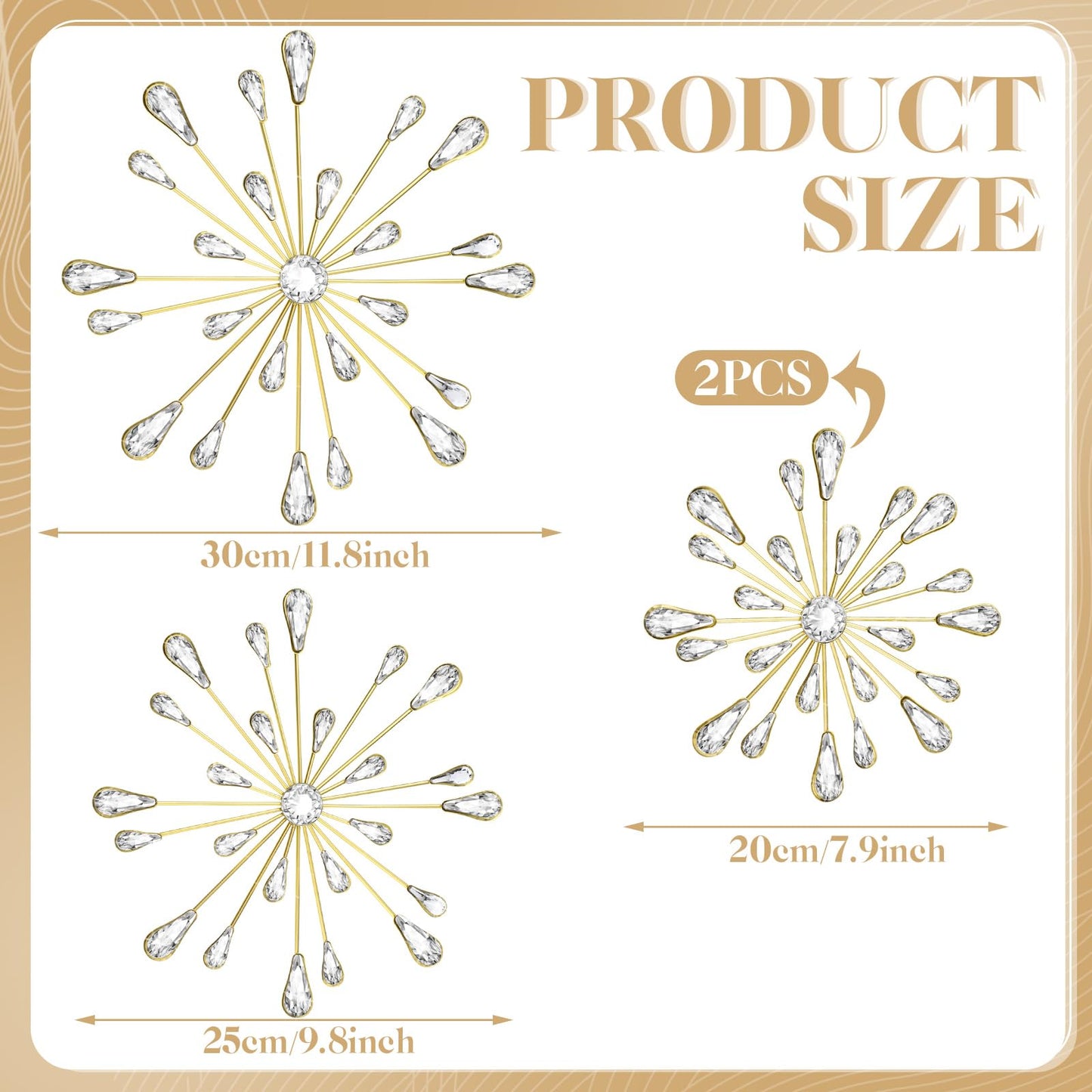 Hicarer 4 Pcs Starburst Wall Decor Bling Wall Art Crystal Teardrop 3D Hanging Rhinestone Radial Metal Artwork Modern Accent Sculptures Decorations for Living Room Home Office Bedroom(Gold)