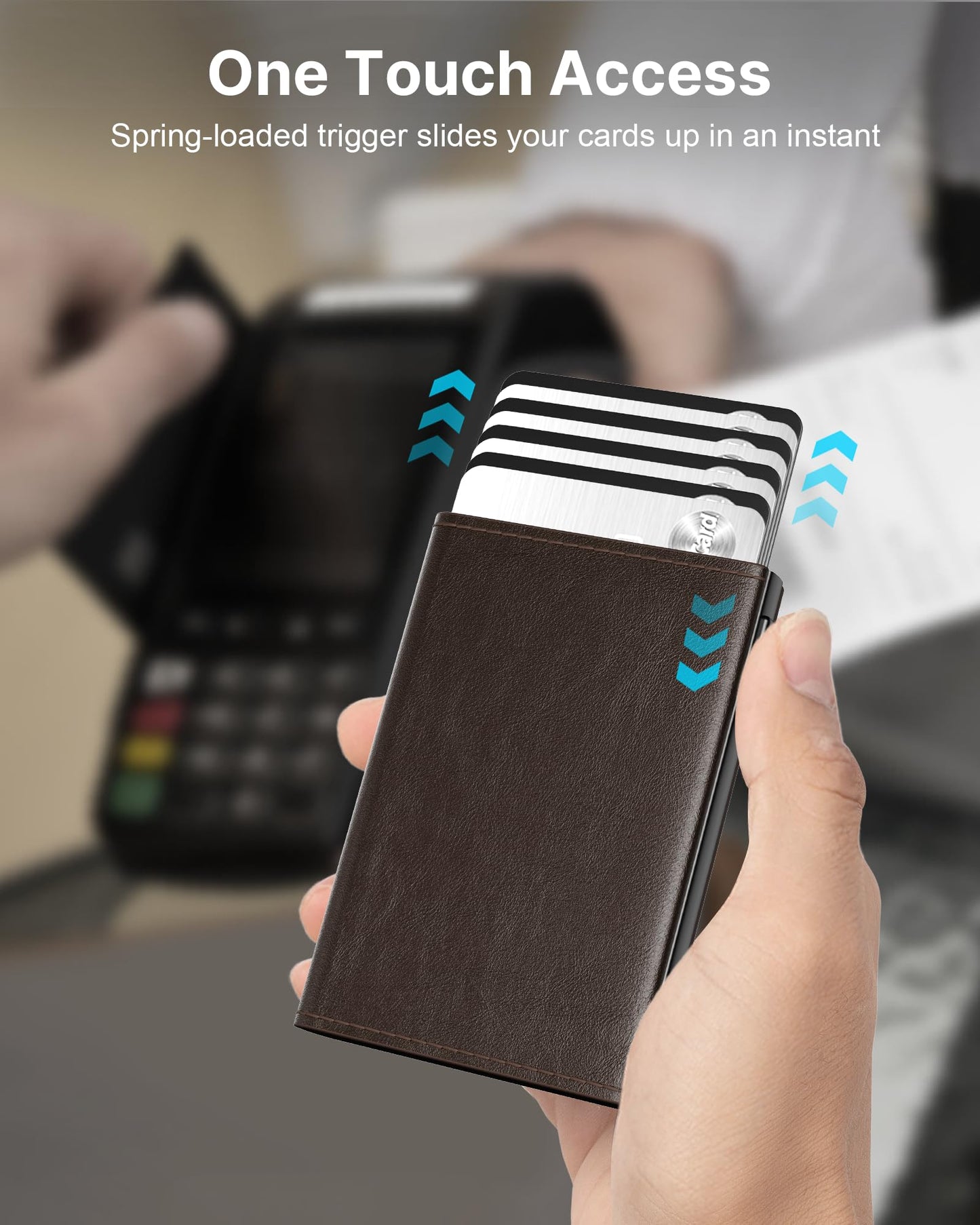 typecase Mens Wallet Card Holder: Pop Up Aluminum Case, Genuine Leather, Smart, RFID Blocking, Slim, Minimalist, Front Pocket - 9-14 Card Capacity | ID Window | Cash Slot (Black Brown)