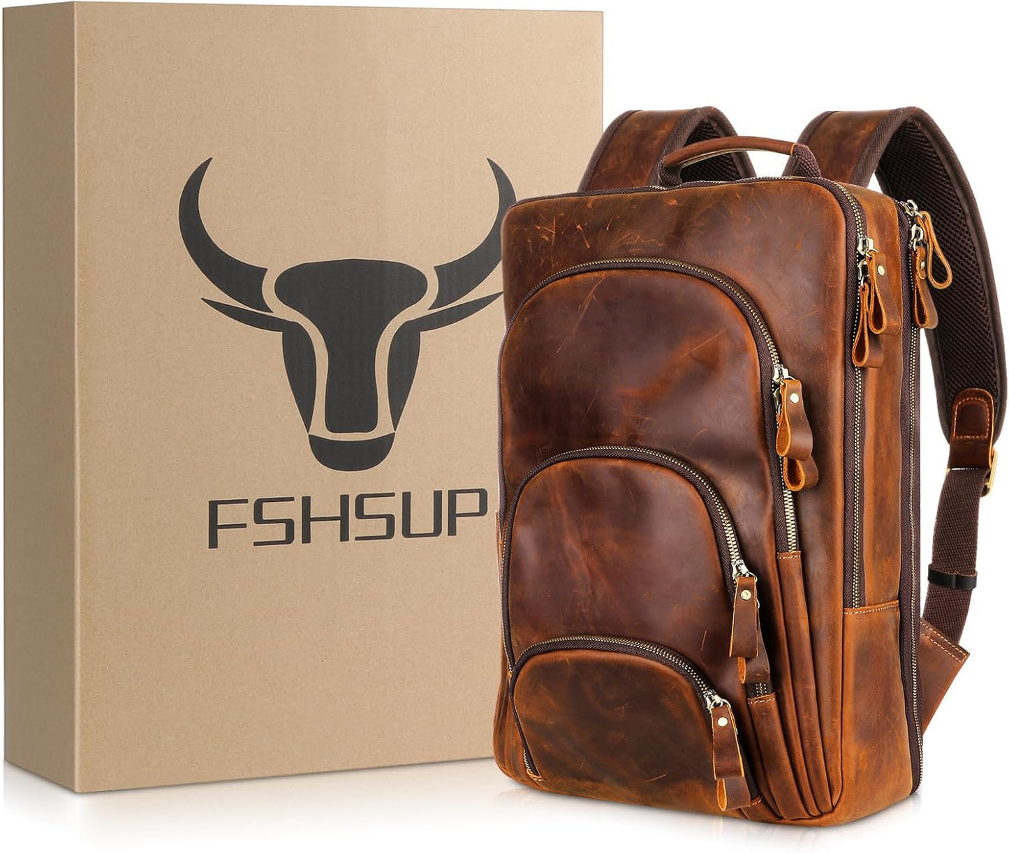 Fshsup Full Grain Leather Backpack 15.6" Laptop Bag Men's Vintage Genuine Leather Business Backpack Travel Hiking Camping Rucksack Overnight Weekender Daypack Backpack