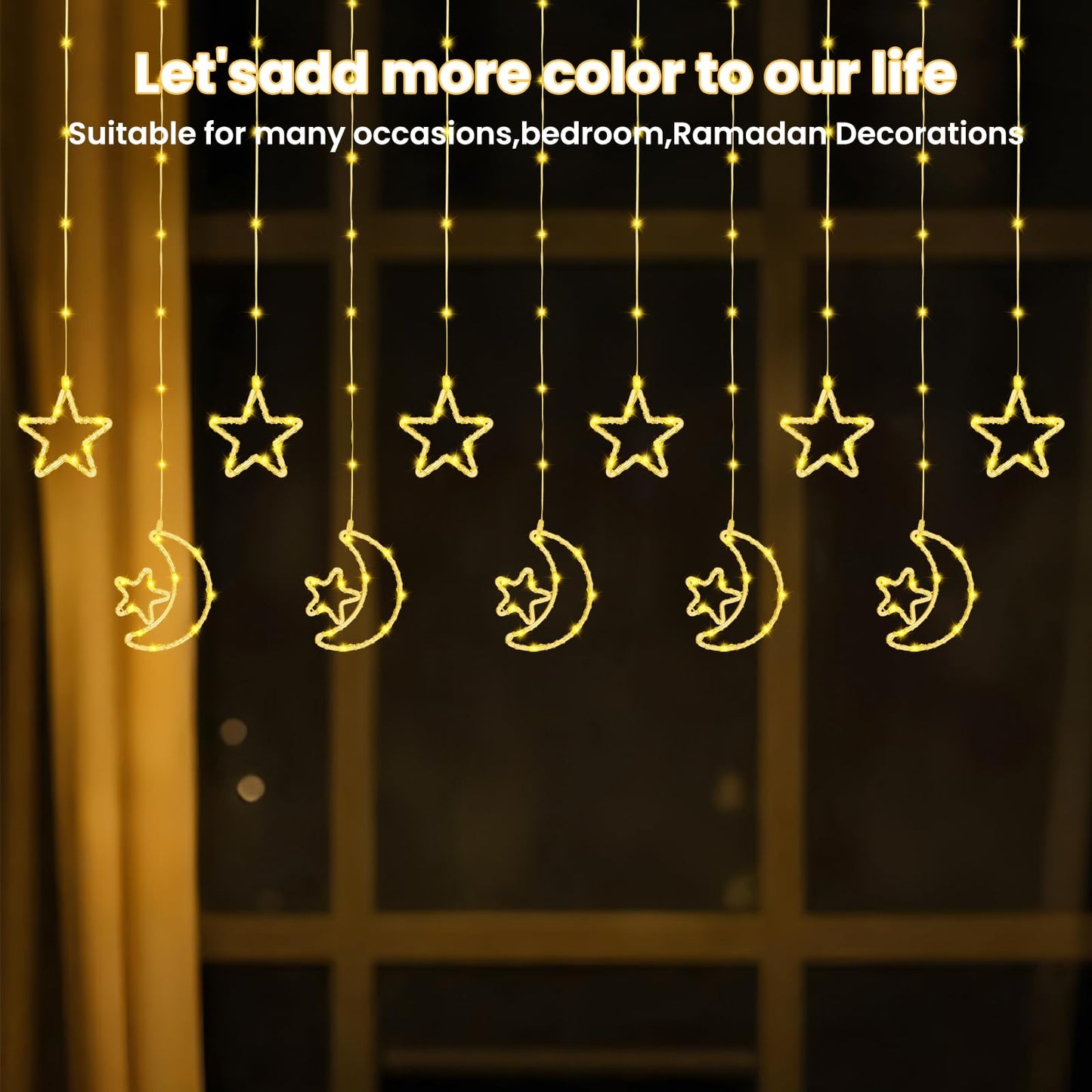 BomKra 130 LED Star Moon Curtain Decorative Lights, Ramadan Window Curtain Fairy String Lights, Remote Control & USB Plug, 8 Lighting Modes, for Indoor, Home Holiday, Party, Ramadan Decorations