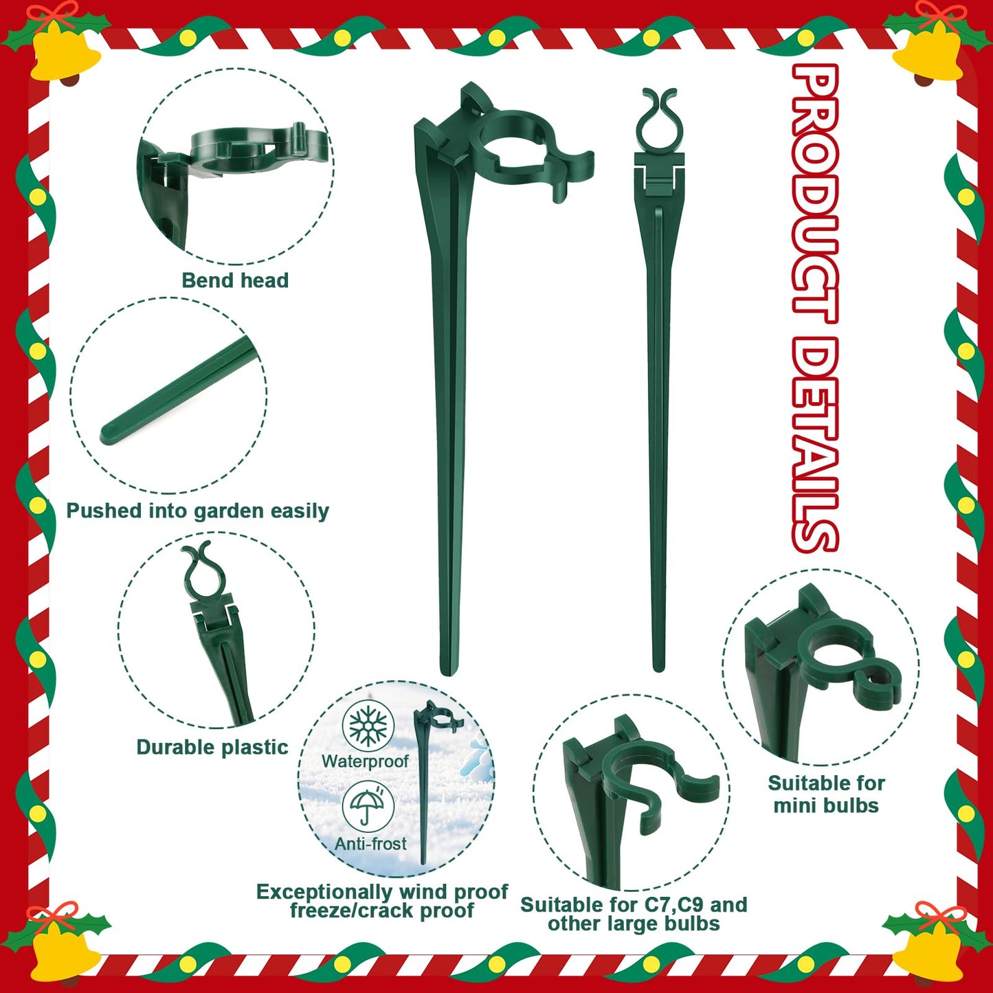 AUGSHY 100 Pack Christmas Light Stakes, 7.5 inch Yard Lawn Holiday Light Ground Stakes for C7 C9 Outside String Lights Universal Outdoor Light Holders for Christmas Decoration Lawn Path Driveway Green