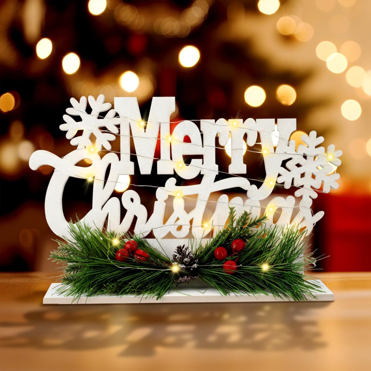 Leinuosen Merry Christmas Sign Wooden Christmas Table Sign with Holly and LED Light White Xmas Wooden Table Centerpiece for Mantel Fireplace Shelf Xmas Party Home Tabletop Decoration
