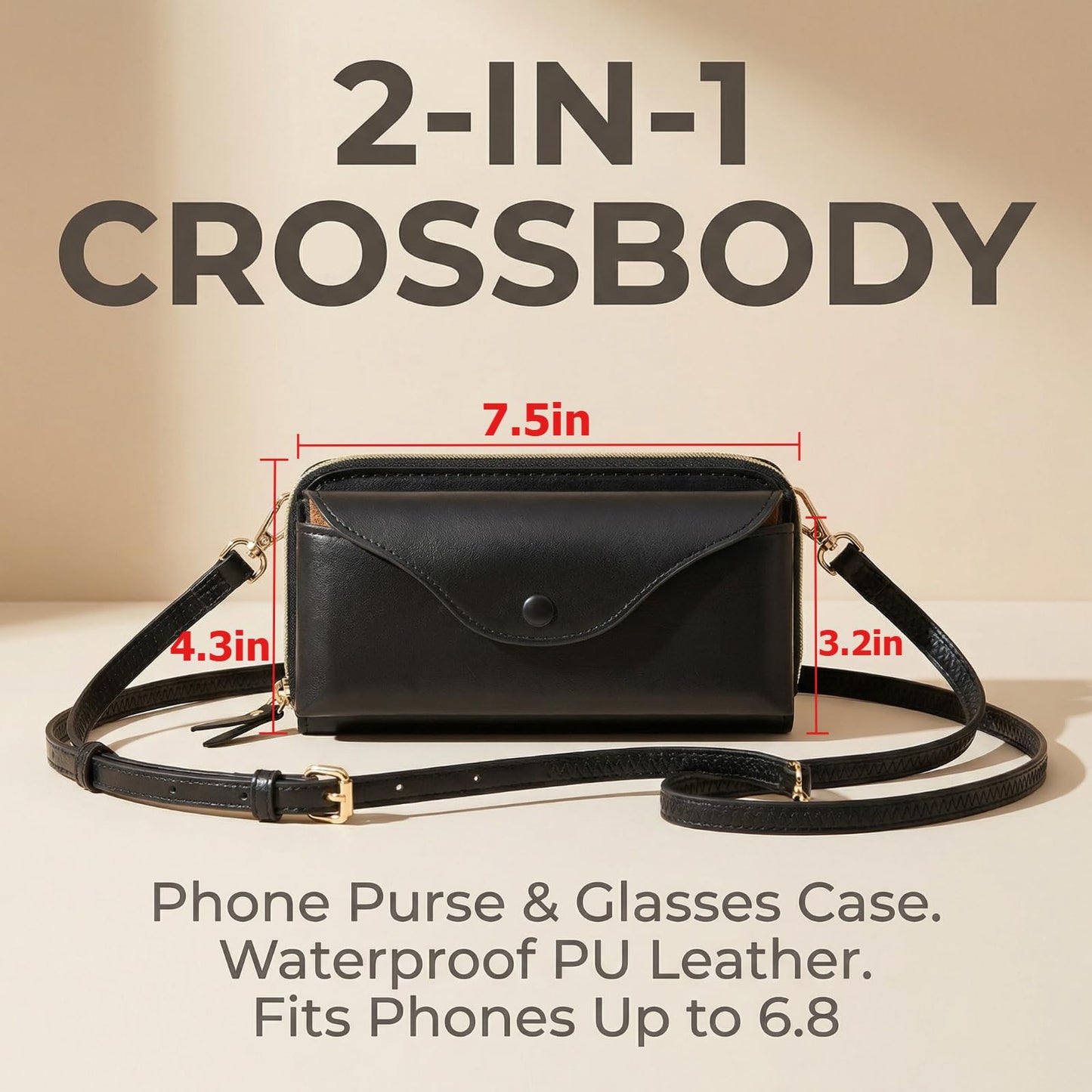 Tanmqin Glasses Case and Cell Phone Purse, Small Crossbody Bag for Women, PU Leather Travel Mini Bag with Shpulder Strap for Eyeglasses, Sunglasses, Smartphones, Accessories - Black