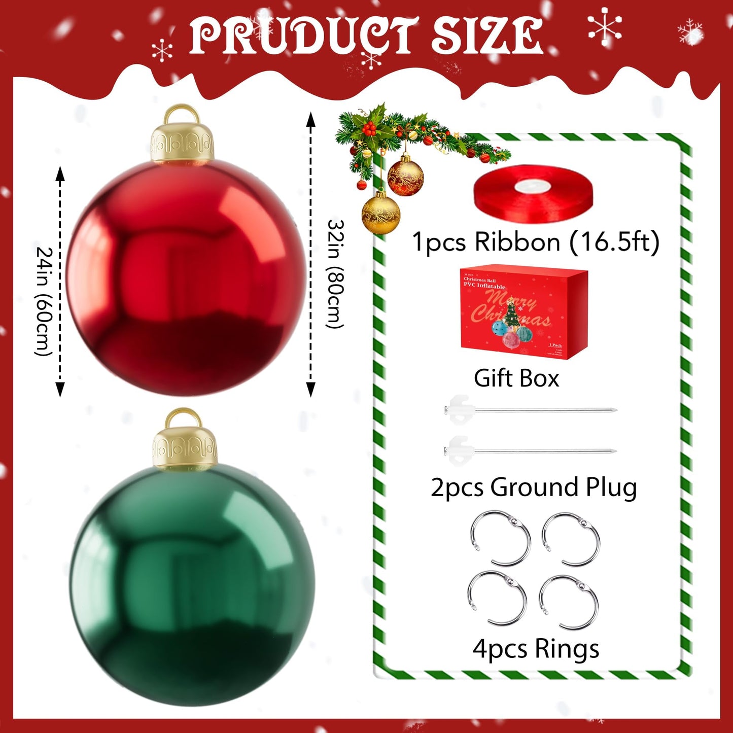 2PCS PVC Christmas Inflatable Ball 24 Inch Giant Inflatable Christmas Decorations Ball Christmas Ornament Balls Xmas Blow up Balls for Outside Holiday Yard Lawn Decor (Red&Green)