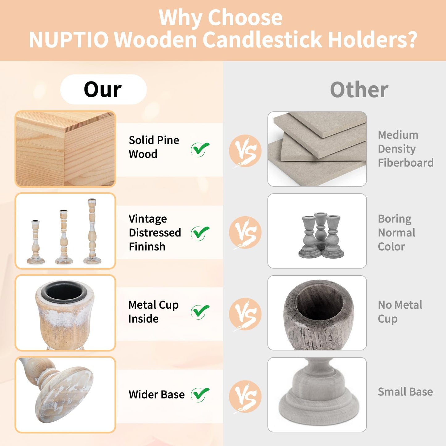 NUPTIO Candlestick Holders Wood for Home: Set of 3 Tall Farmhouse Taper Candle Holders for Christmas Gift Mantel Decor
