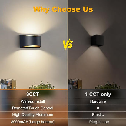 Battery Operated Wall Sconces Set of 2, 8000mAh Rechargeable Wireless Remote & Touch Control Battery Wall Lights, 3 Color Temperatures, Timer Cordless Dimmable Light for Bedroom, Living Room, Hallway