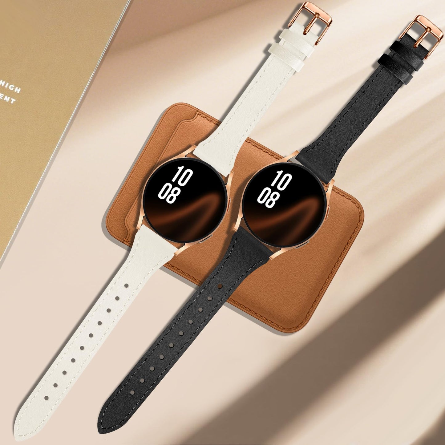 JR.DM 2 Pack Slim Leather Bands Women Compatible with Samsung Galaxy Watch 7/6/5/4/Active 2/4 Classic/6 Classic/5 Pro/FE 40mm 42mm 43mm 44mm 45mm 46mm 47mm, Top Leather Soft Watch Thin Straps，20mm
