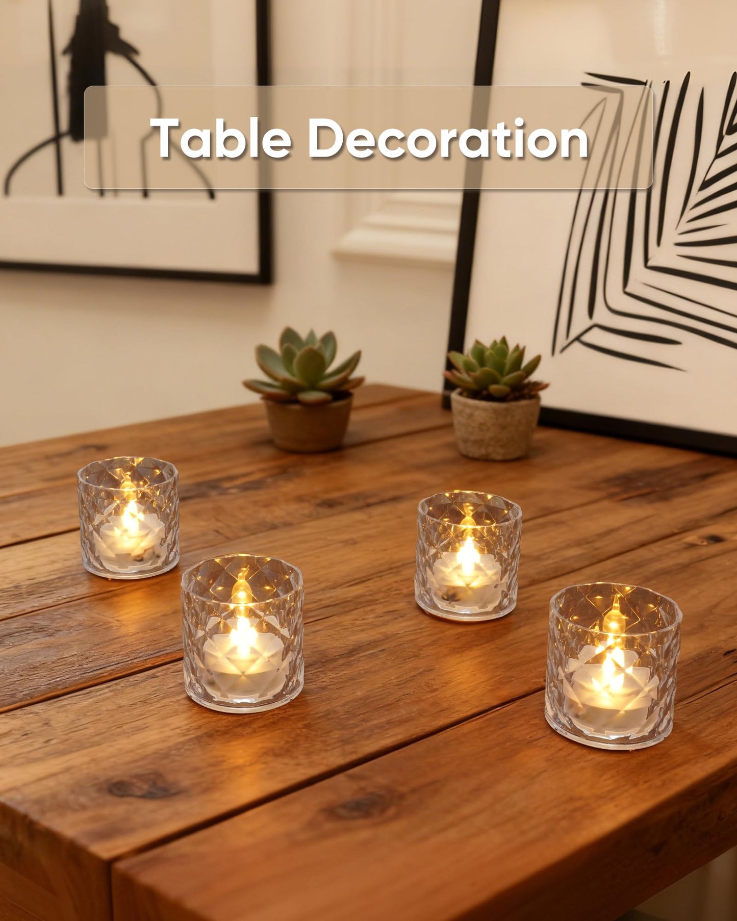 Homemory 2" x 2" Acrylic Votive Candle Holders with Auto Timer Flameless Led Tealight, Battery Powered Fake Electric Candles for Wedding Centerpiece, Table, Christmas Decor (6Pack, Clear Base)