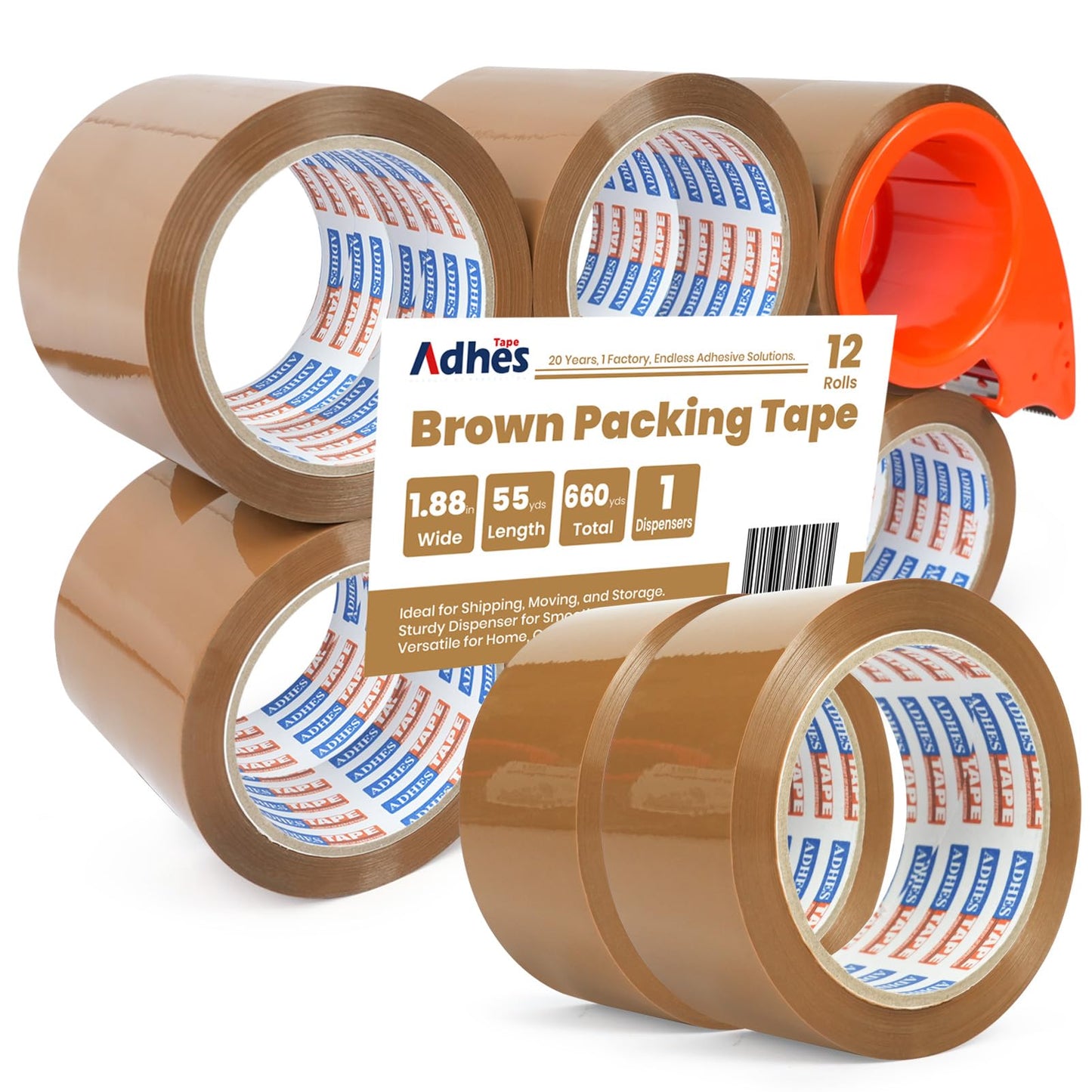 ADHES Brown Packing Tape with Dispenser, 1.88 Inch x 55 Yards, 12 Rolls Heavy Duty Shipping Tape for Moving Boxes, Packaging and Storage, Strong Adhesive