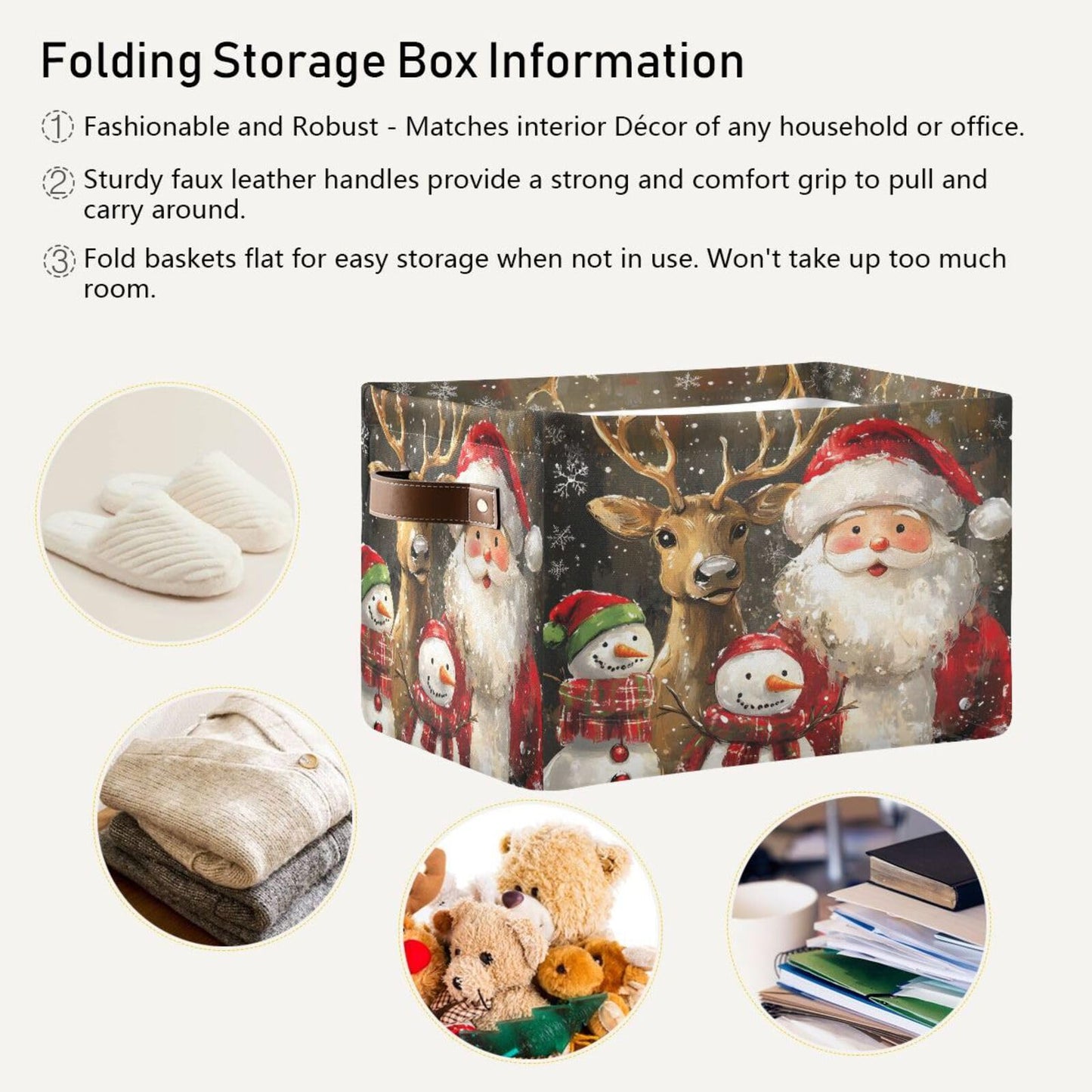 Christmas Storage Basket, Reindeer Santa Claus Snowman Foldable Fabric Collapsible Storage Bins Organizer Bag for Storage Clothes