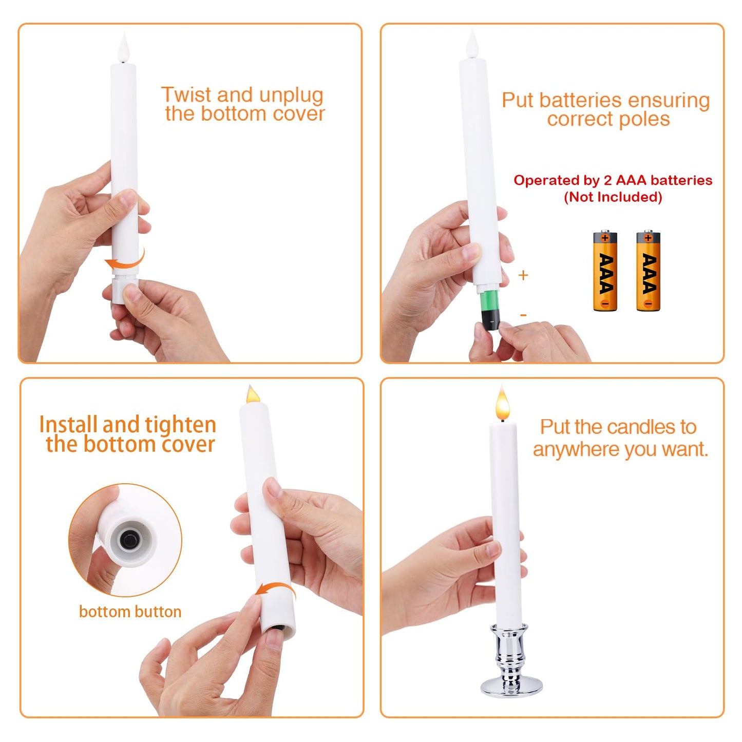 Bolamp LED Flameless Window Candles with Remote Timer Sliver Base 10 PCS Battery Operated Flickering Taper Candle Lights with Removable Candle Holders Best Gift for Xmas Wedding Home Dinner Décor