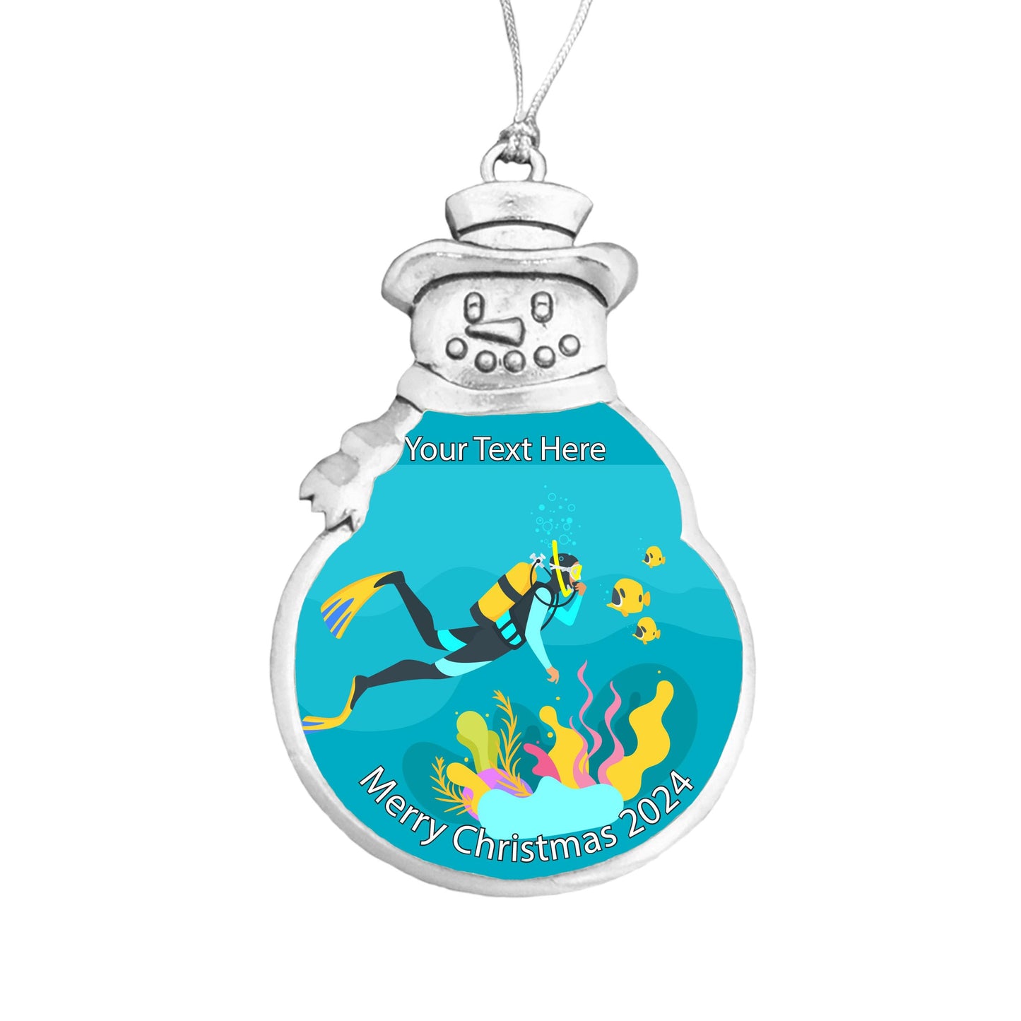 Scuba Diving Diver Christmas Silver Ornament Snowman Snowflake or Bulb Choose Your Text (Snowman)