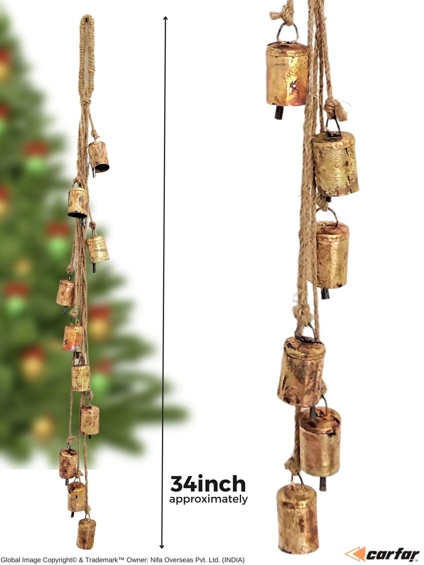 Carfar Shabby Chic Vintage Country Rustic Style Bells Cluster Hanging Handmade Metal Harmony Christmas Hanging Cow Bells on Jute Rope (1, Small Cylinder)