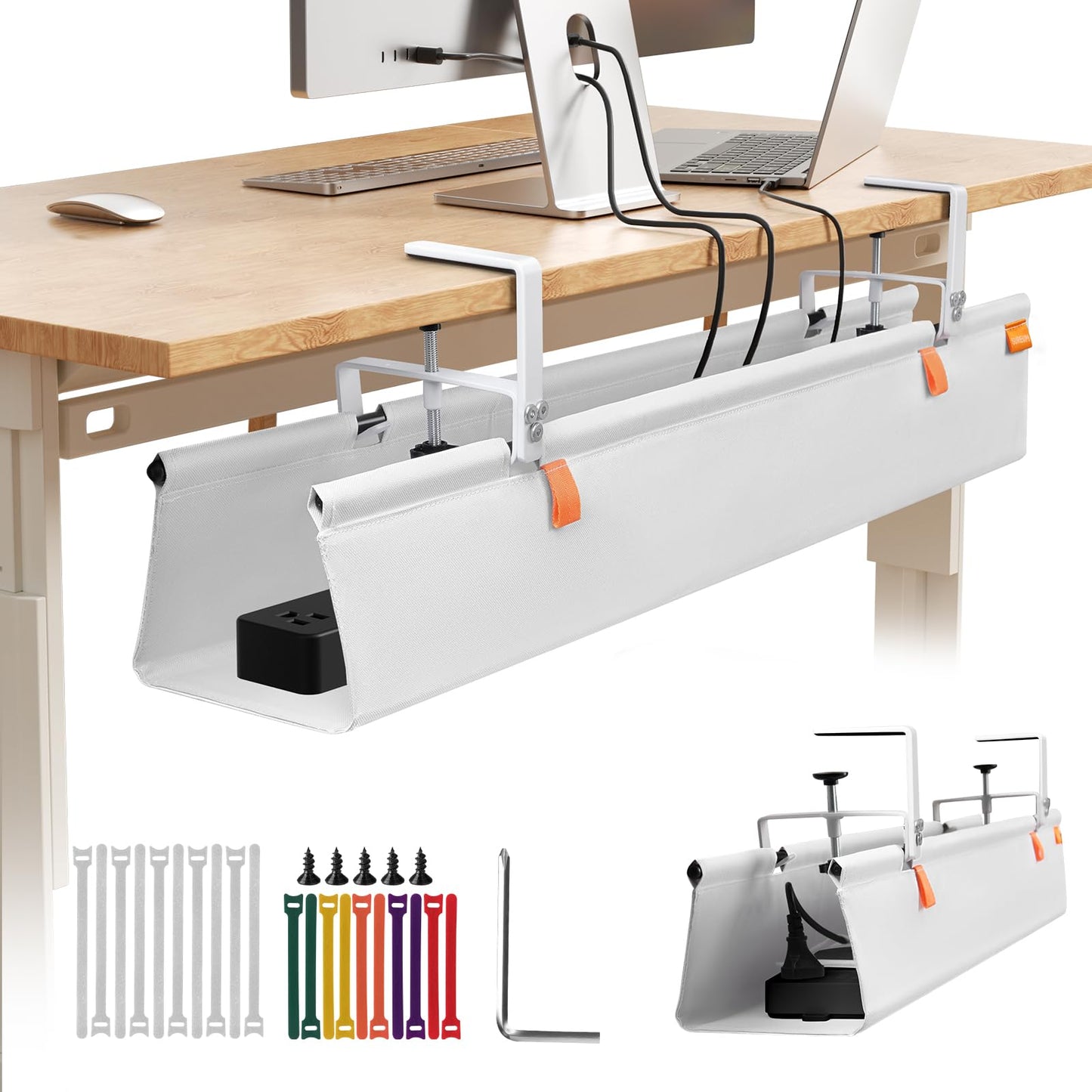 SUREUP9 Under Desk Cable Management Tray with Clamp, No Drill 36" Cord Organizer for Desk, Desk Cable Management Fabric Tray for Standing Desks, Ideal for Home & Office - White