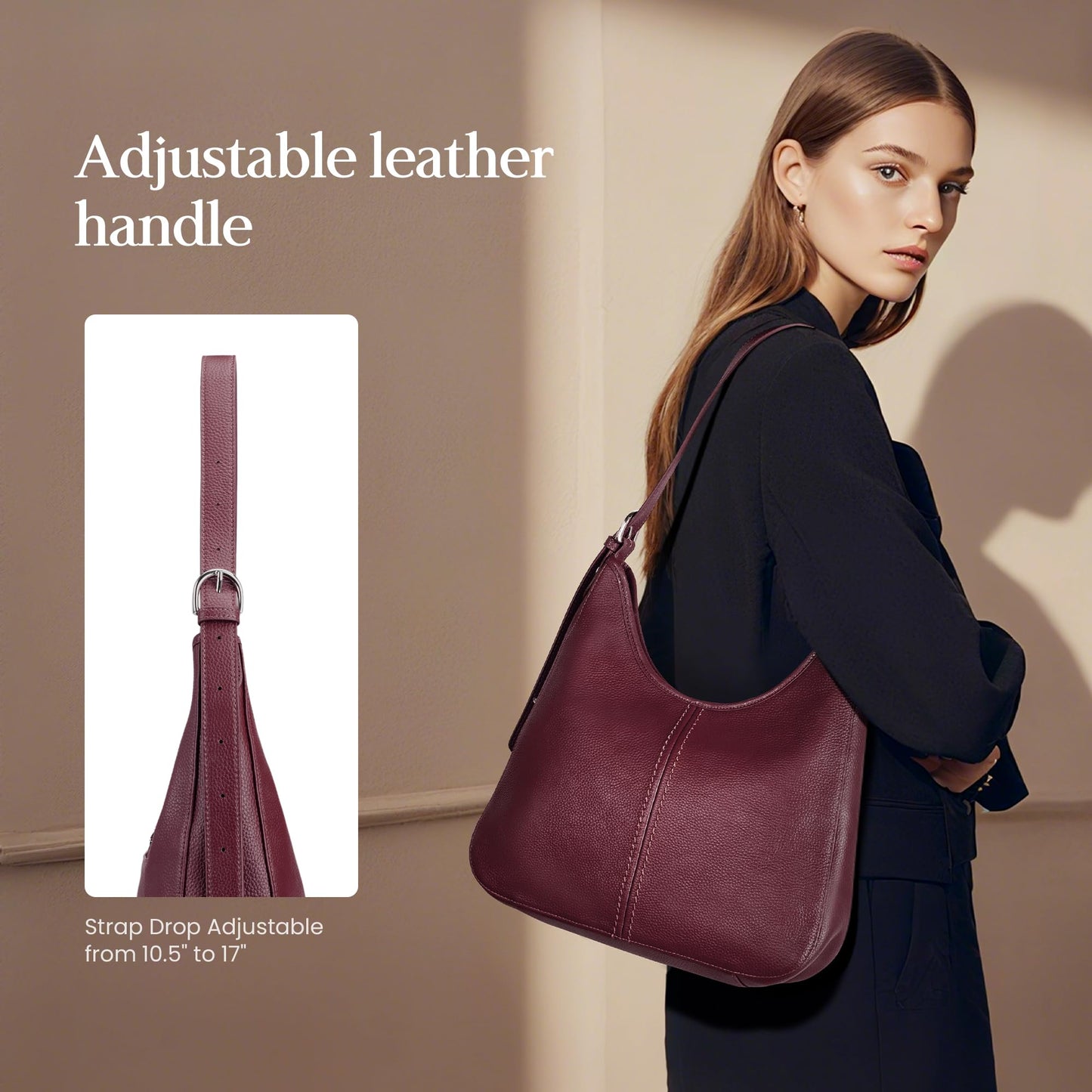 befen Genuine Leather Hobo Bags for Women, Soft Real Leather Women's Shoulder Bag Handbags, Shoulder Purse Designer Bags with Adjustable Strap for Daily Work Travel Fall Fashion, Burgundy
