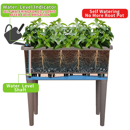 Megawodar 4 Pcs Self Watering Elevated Raised Garden Bed, Large Outdoor Plastic Planter Box Big Flower Plant Pot for Planting Flowers Vegetables and Herbs (4, Khaki)