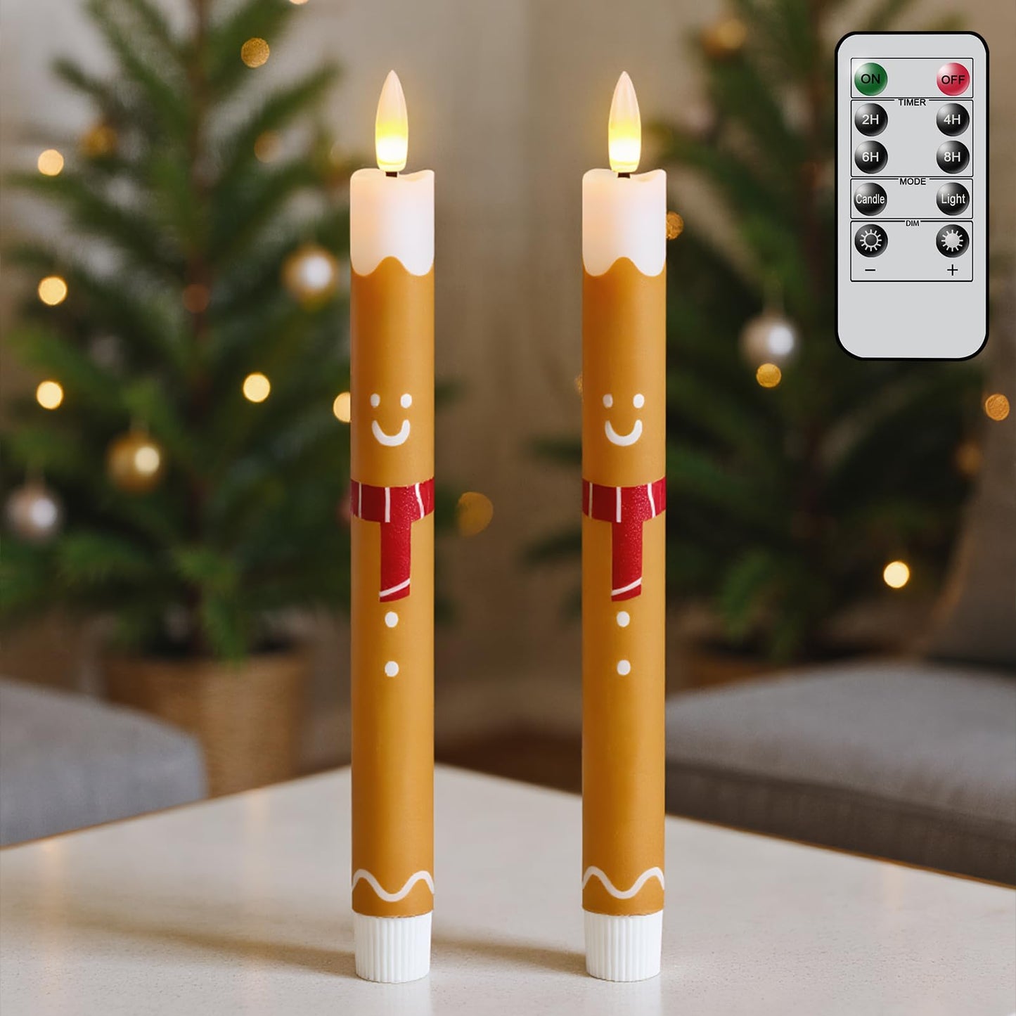 Lasumora Gingerbread Man LED Flameless Taper Candles, 2 Pack with 6H Timer, 3D Flickering Flame, Plastic, Brown