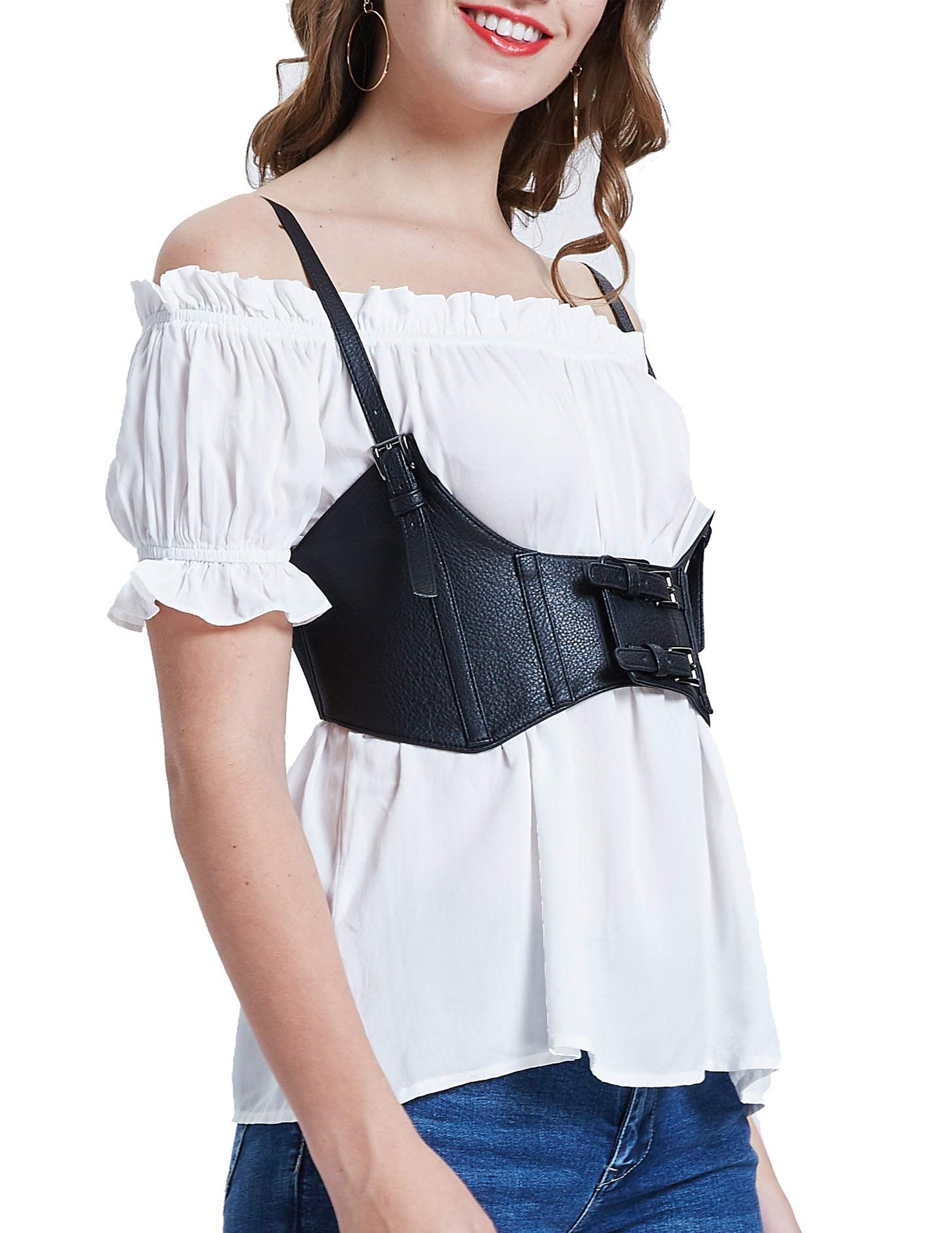 KANCY KOLE Womens Faux Leather Steampunk Sexy Underbust Waist Belt Corset(M,Black)