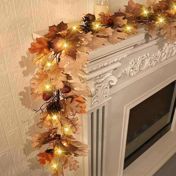 Fall Garland - 6 Ft Maple Leaf Garland with Pinecones - Fall Acorn Leaf Garlands with 30 Warm Lights for Thanksgiving Halloween Mantel Dining Table Centerpiece Indoor Outdoor Decor