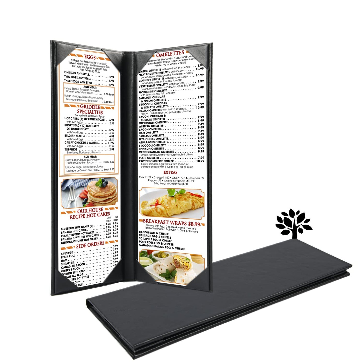 4.25 x 14 inches Leather Menu Covers with Strong Wood Insde, 2 Views Leather Menu Holder Book Style Double Fold Panel for Restaurant Coffee Bars Hotels (4.25" x 14 "/ Two Views /3packs)