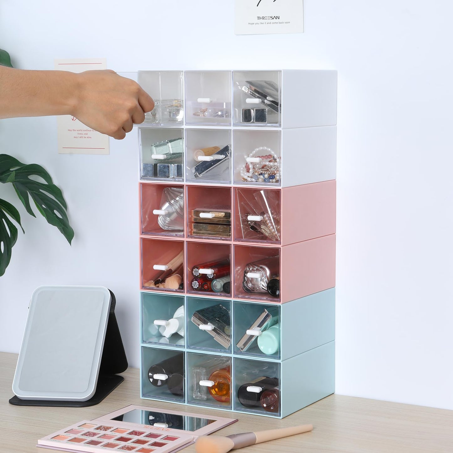 OSteed Desktop Drawers, Desk Organizer with 9 Drawers, Stackable Plastic Storage Box for Home Collection, Cosmetics, Jewelry, Office Supplies (3 Tiers, Mixed Colors)