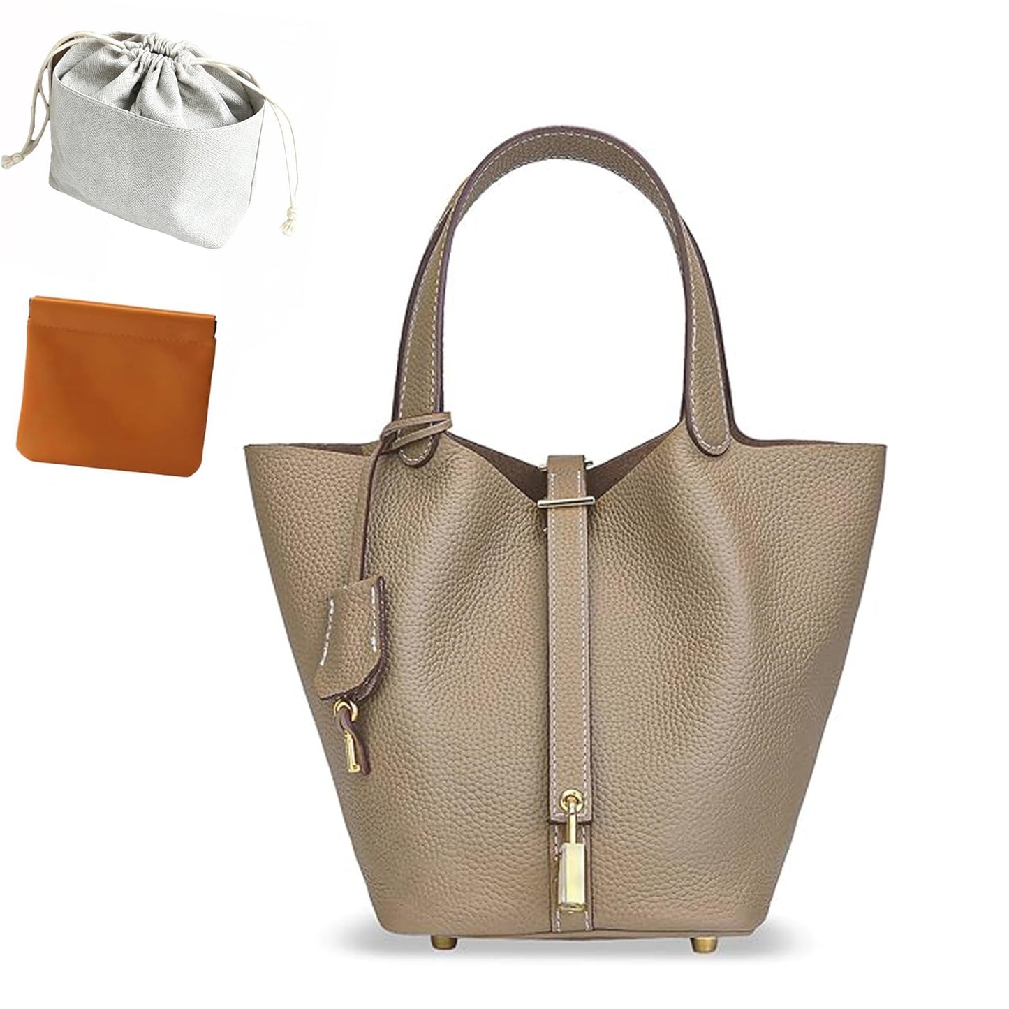 HRANRA Genuine Leather Lock Design Bucket Bag for Women, Vegetable Basket Fashionable Versatile Handbag (Grey)