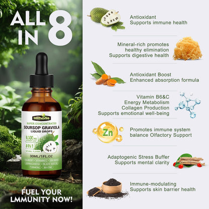 (2 Pack) 8 in 1 Graviola Soursop Leaf Extract Liquid - Soursop Bitters Liquid with Sea Moss, Ashwagandha and Tumeric, for Immune & Liver, Zzz & Antioxidant & Cell Support,1 Fl Oz