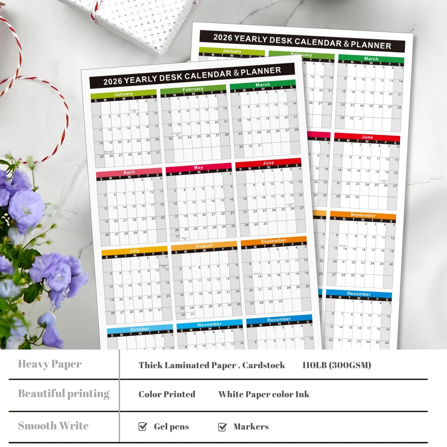 2026 Wall Desk Calendar 11x17 Inch, Reversible 2-Sided Horizontal or Vertical, 12 Month with Generous Block Space & Holidays Marked for Office, Home, School - 2 Pack (1 Laminated & 1 Cardstock)