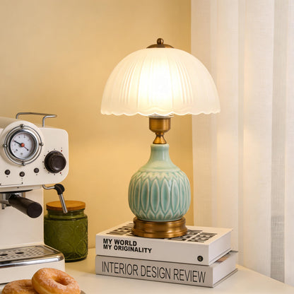 WELAISA Table Lamps Ceramic Retro Lamp for Living Room,15.7" Modern Bedside Nightstand Traditional Lamps, Classic Chinoiserie Green Glass Lamp for Home (Retro)