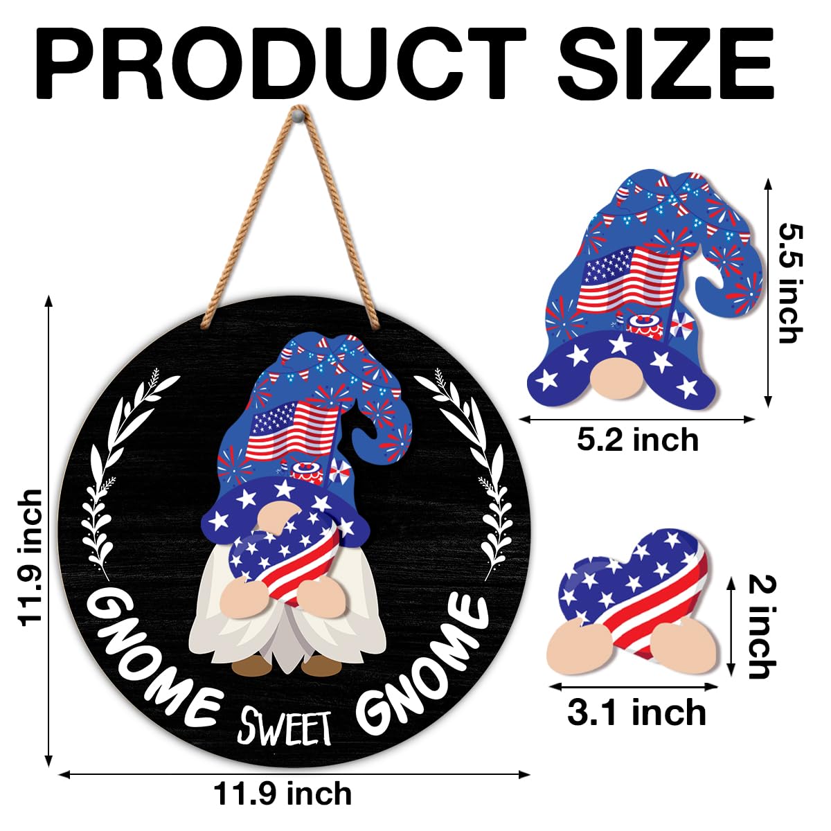 Interchangeable Gnome Welcome Sign Summer Patriotic 4th of July Door Decorations, Changeable Seasonal Front Porch Decor Wood Wreath Gnomes Gifts for Spring Fall Winter All Seasons Holiday, Black