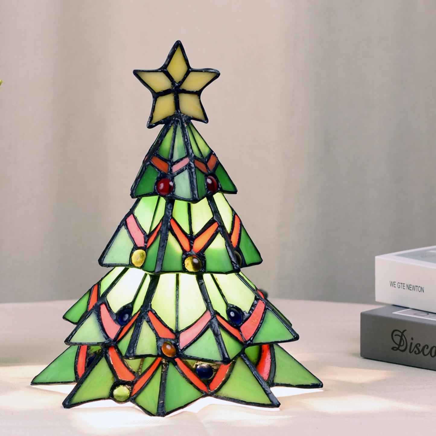 HomeBeauty A0001 Tiffany Style Stained Glass Accent Table lamp for Home Decor,Christmas Table Decorations Lighted Xmas Tree for Living Room Tabletop Party, W 7.5" x H 8.5", Bulb Included