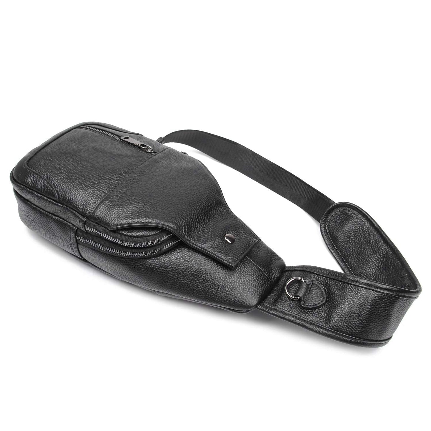 Polare Cowhide Leather Waterproof Casual Daypack Anti Theft Sling Shoulder Chest Crossbody Bag For Men (Black-Small)