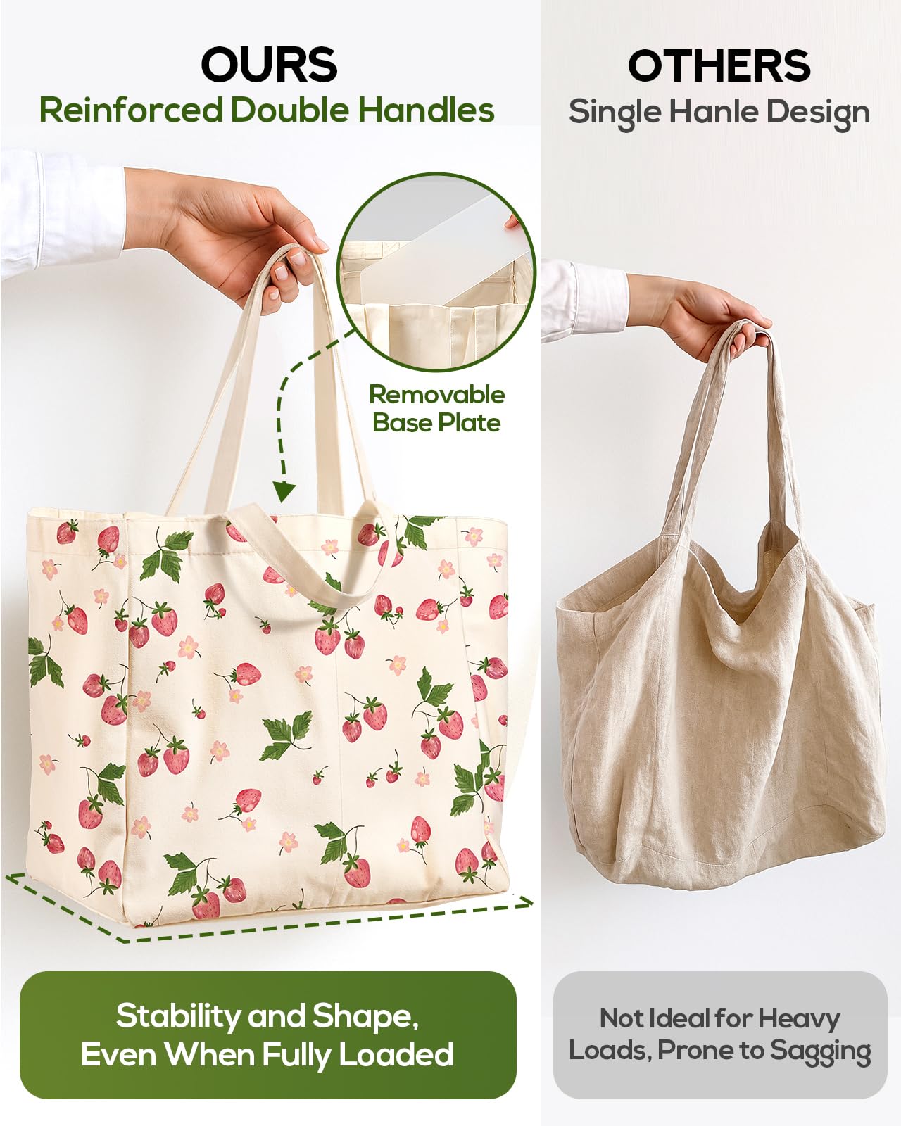 Miss Adola Large Canvas Grocery Tote Bag - Reusable Shoulder Bags with 6 Inner Pockets & Shoulder Strap and Handle Cute Aesthetic Designer Heavy Duty Shopping Totes for Groceries, Strawberry