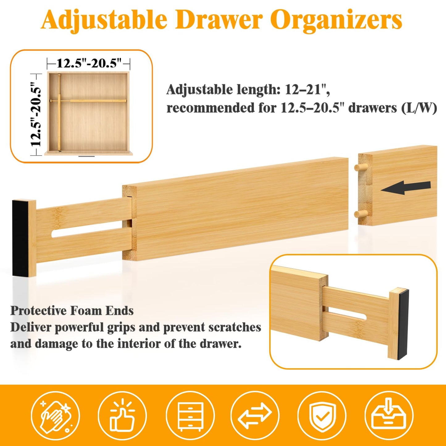 Ryqtop Bamboo Drawer Dividers,12-21" Adjustable Drawer Organizers for Clothes,Expandable Dresser Separators in Kitchen/Bedroom/Bathroom/Vanity/Office Organization and Storage,4-Pack