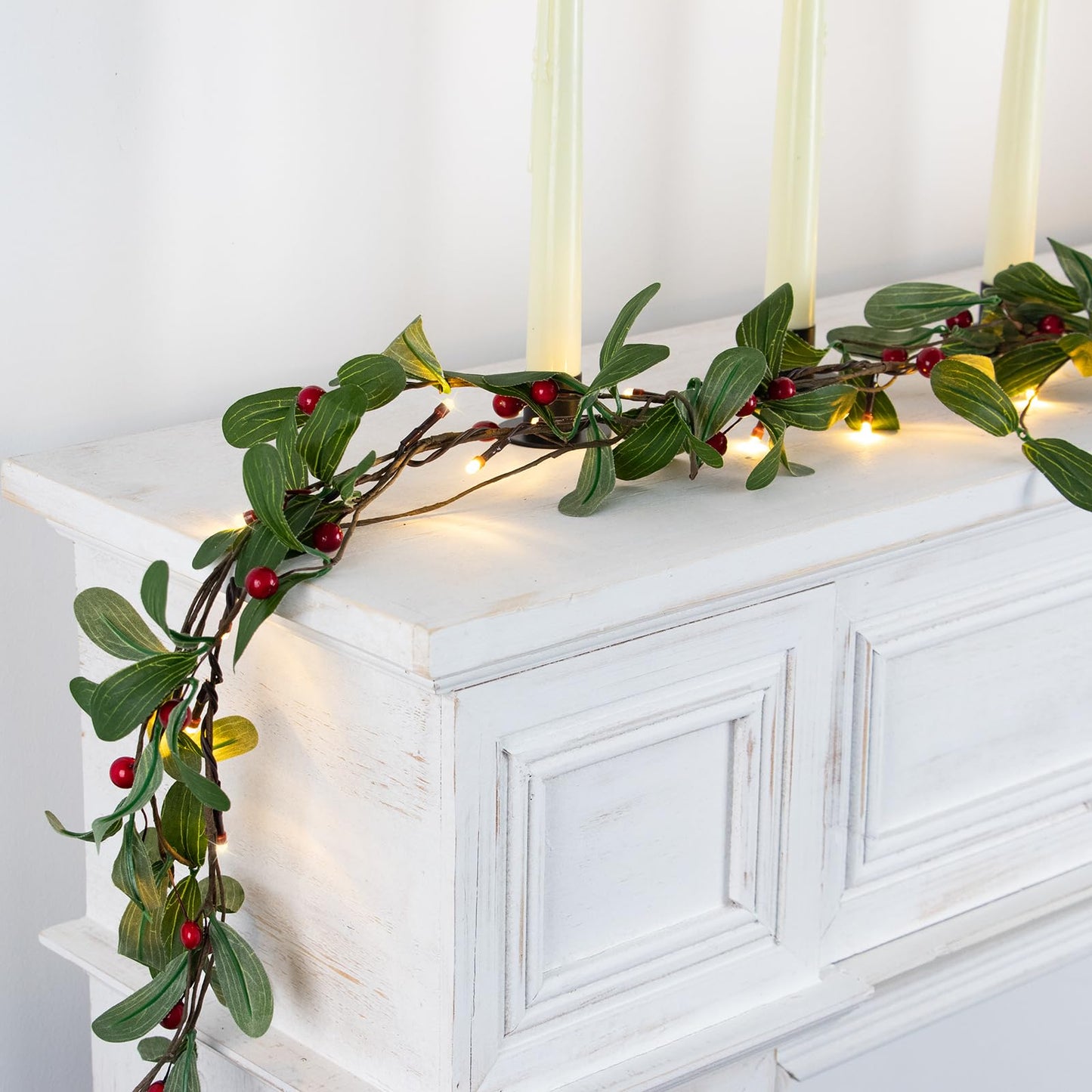 Rhytsing 5.9FT Red Berry Green Leaves Branch Pre-lit Garland with 30 LED Lights, Battery Operated Fairy String Lights with Timer Function for Christmas Mantel Decoration