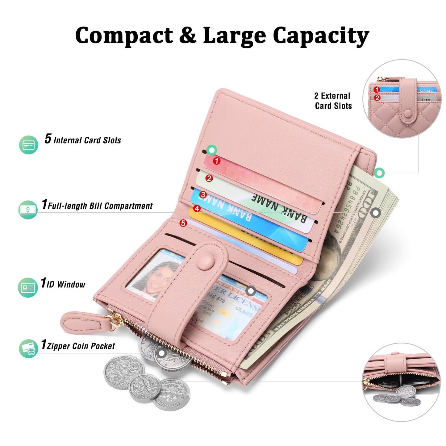 GAEKEAO Small Wallet for Women Slim Bifold Leather RFID Blocking Credit Card Holder Wallets Zipper Pocket Coin Purse with ID Window