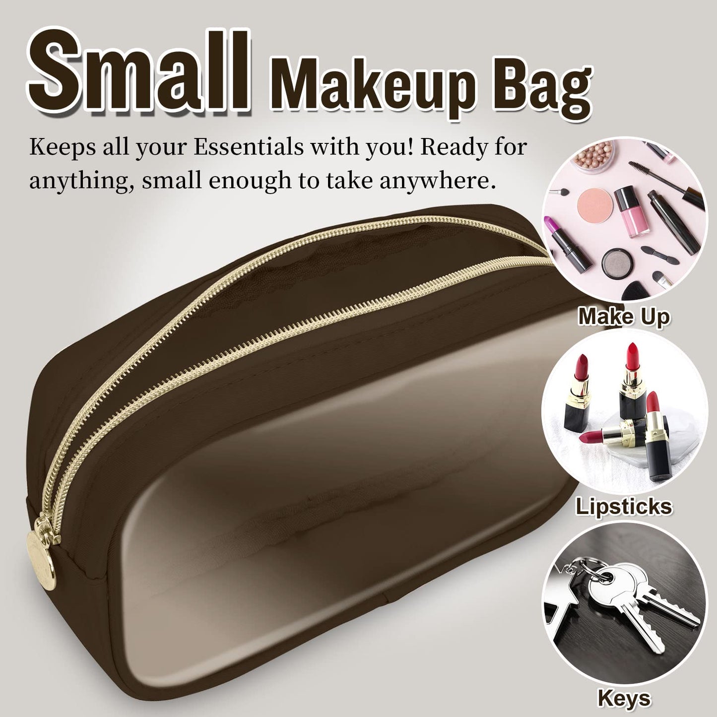 Small Clear Travel Makeup Organizer Bag for Purse, Cute Black Makeup Bag Preppy Cosmetic Zipper Pouch Purse, Transparent PVC & Nylon Toiletry Bag Clutch Makeup Brush Bag Storage for Women Girls(Brown)