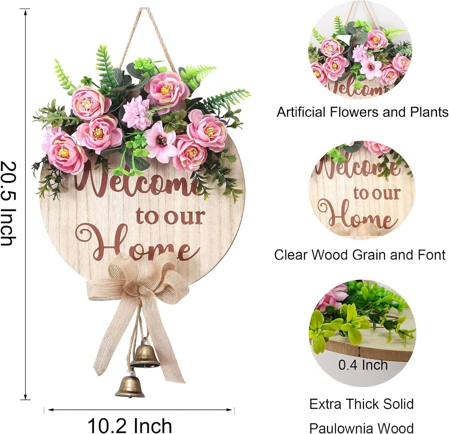 Welcome to Our Home Wreaths, Welcome Front Door Decoration Bell Signs, Farmhouse Indoor Porch Holiday New Year Christmas Decoration Housewarming Gift, 12 inches