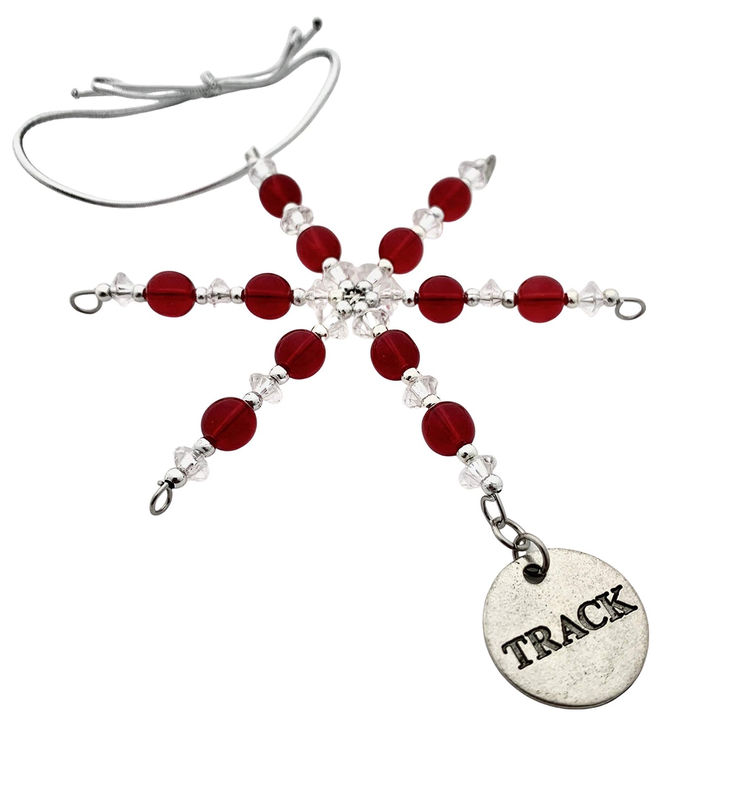 Track Round Ornament - Beaded Snowflake Christmas Ornament with Red Beads