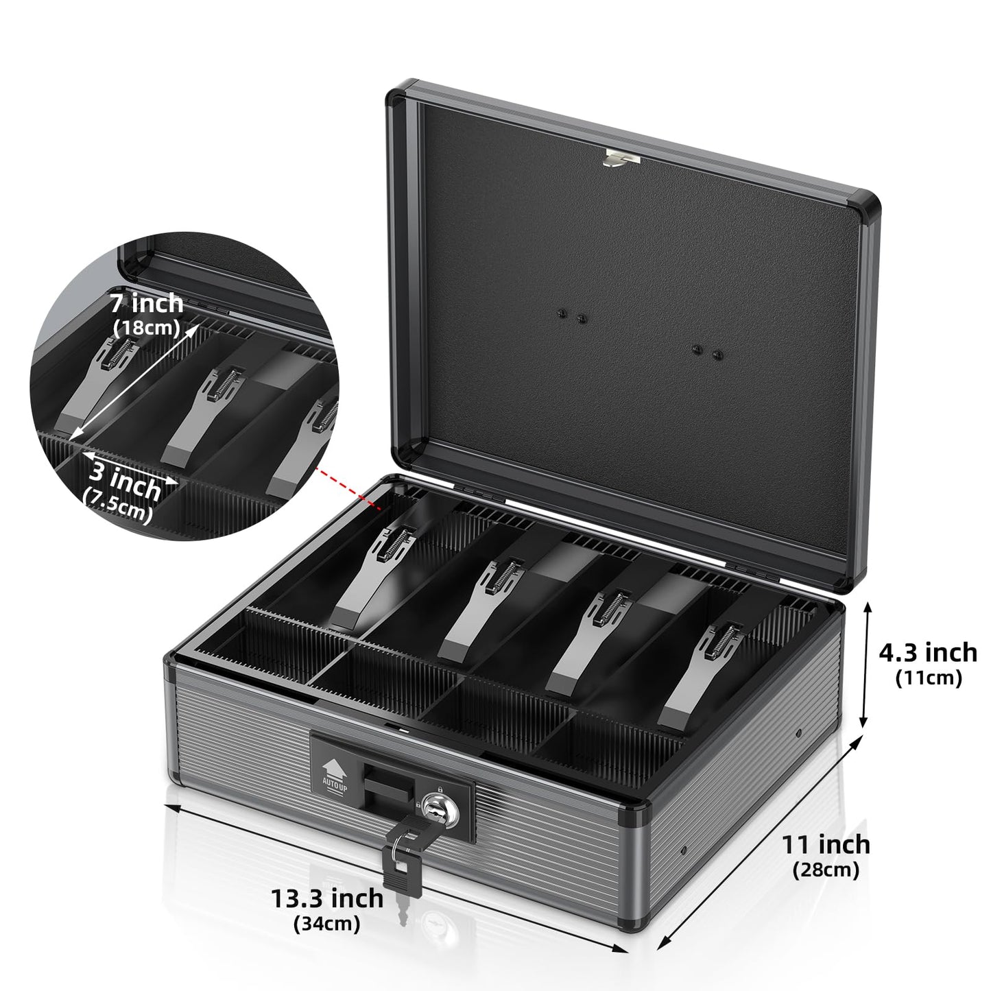 Lockbako Locking Cash Box with Money Tray and Key, Secure Money Safe Box for Cash, Portable Money Box with Bottom Storage Spaces, Money Saving Organizer(Black, Extra Large)
