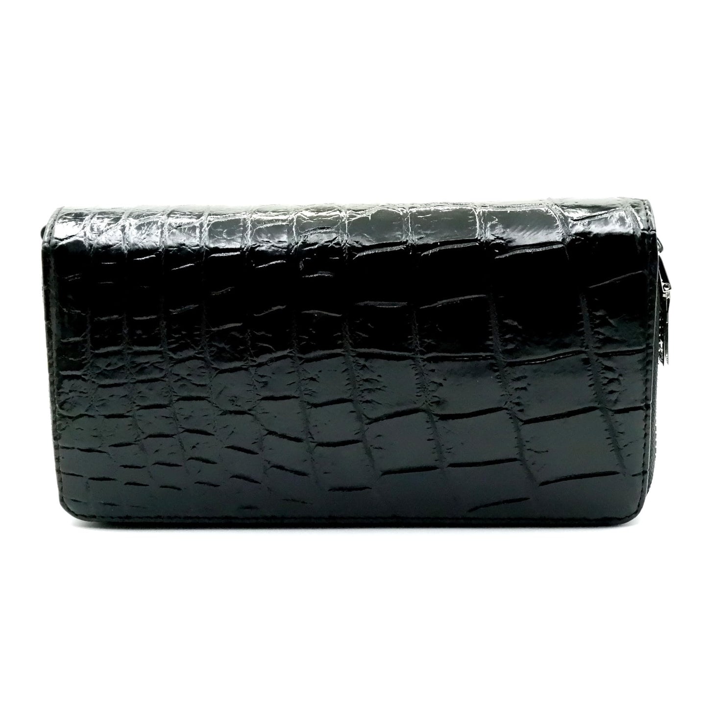 EXSOOTTI New Black Alligator Crocodile Leather Belly Soft Skin Women Double Zipper Clutch Wallet.